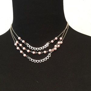 NWT 3 tier heart&pink pearl necklace W/earrings